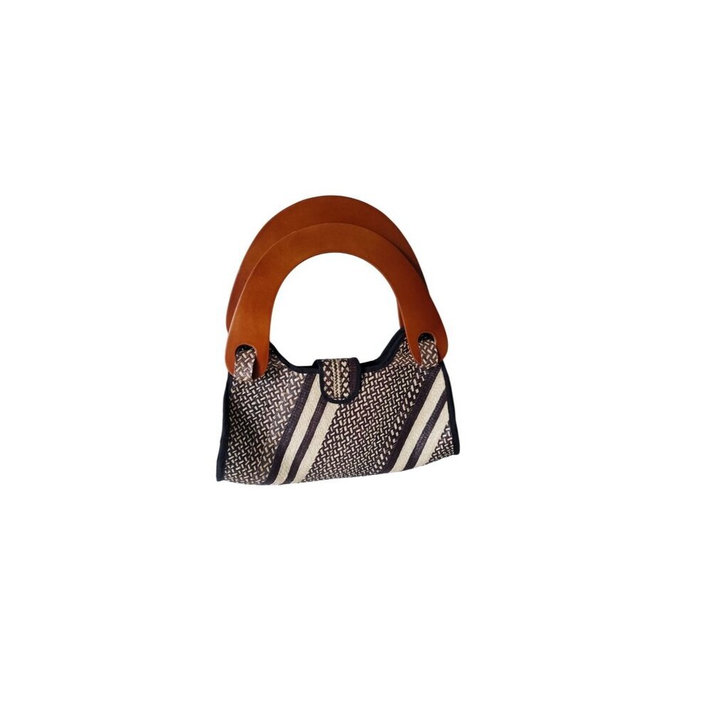 Vintage Woven Straw Handbag With Wooden Handles boho